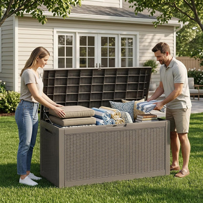 ROJIK 120 Gallon Waterproof Outdoor Deck Storage Box, Lockable Resin Patio Storage Bin with Lid for Garden Tools, Patio Cushions & Outdoor Accessories(Black)