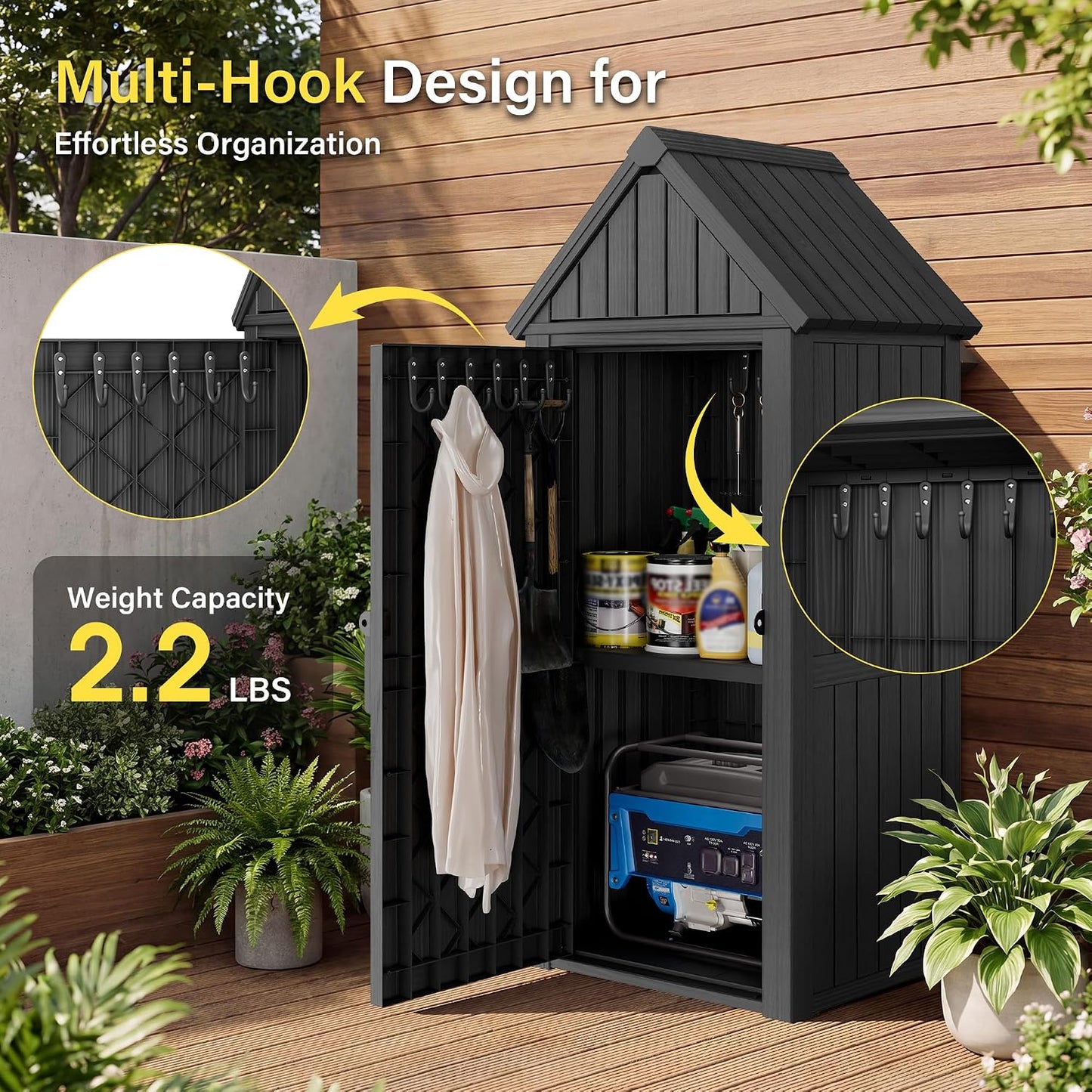 Bifanuo Deck Box Storage Shed Outdoor Storage Cabinet, Vertical Waterproof Resin Material Plastic Shed with Removable Shelves, 12 Hooks and Lock Ring for Garden, Pool and Patio (Classic Black)