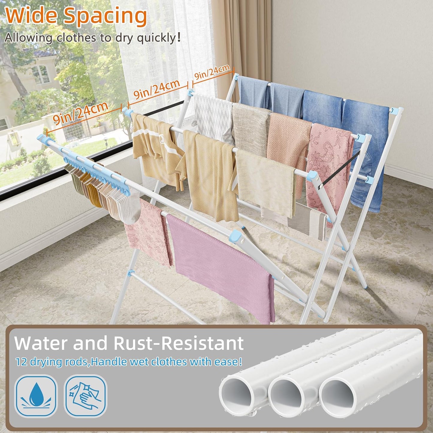 HOMIDEC Drying Rack Clothing,Large 12 Drying Poles with Sock Clips Clothes Drying Rack,Foldable Portable Laundry Drying Rack for Air Drying Clothing,Towels,Delicate Eac,Indoor Outdoor Use.Silver