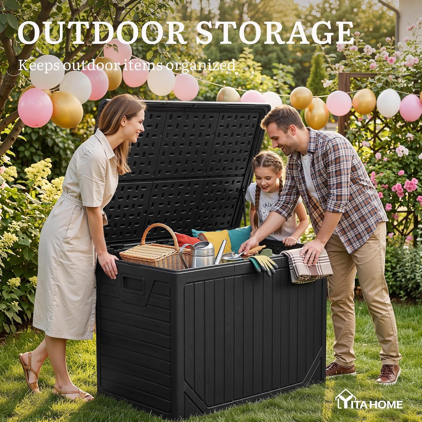 YITAHOME 100 Gallon Large Outdoor Deck Box | Waterproof Resin Storage Box, Lockable Indoor Outdoor Storage Container for Patio Furniture Cushions, Pool Accessories