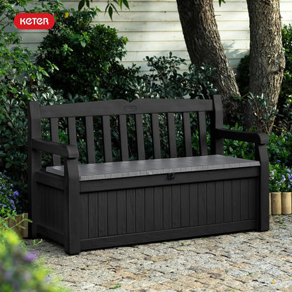 Keter Solana 70 Gallon Storage Bench Deck Box for Patio Furniture, Front Porch Decor and Outdoor Seating – Perfect to Store Garden Tools and Pool Toys, Brown/Brown