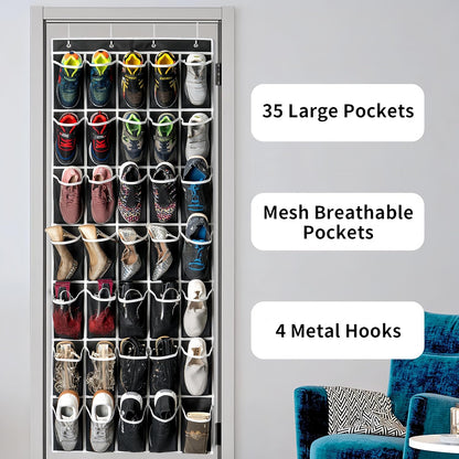 SAVERHO 35 Pockets Over the Door Shoe Organizer, Hanging Shoe Organizer for Door with 35 Mesh Pockets Large Capacity Shoe Hanging Storage Bag with 4 Metal Hooks (White-1Pack)