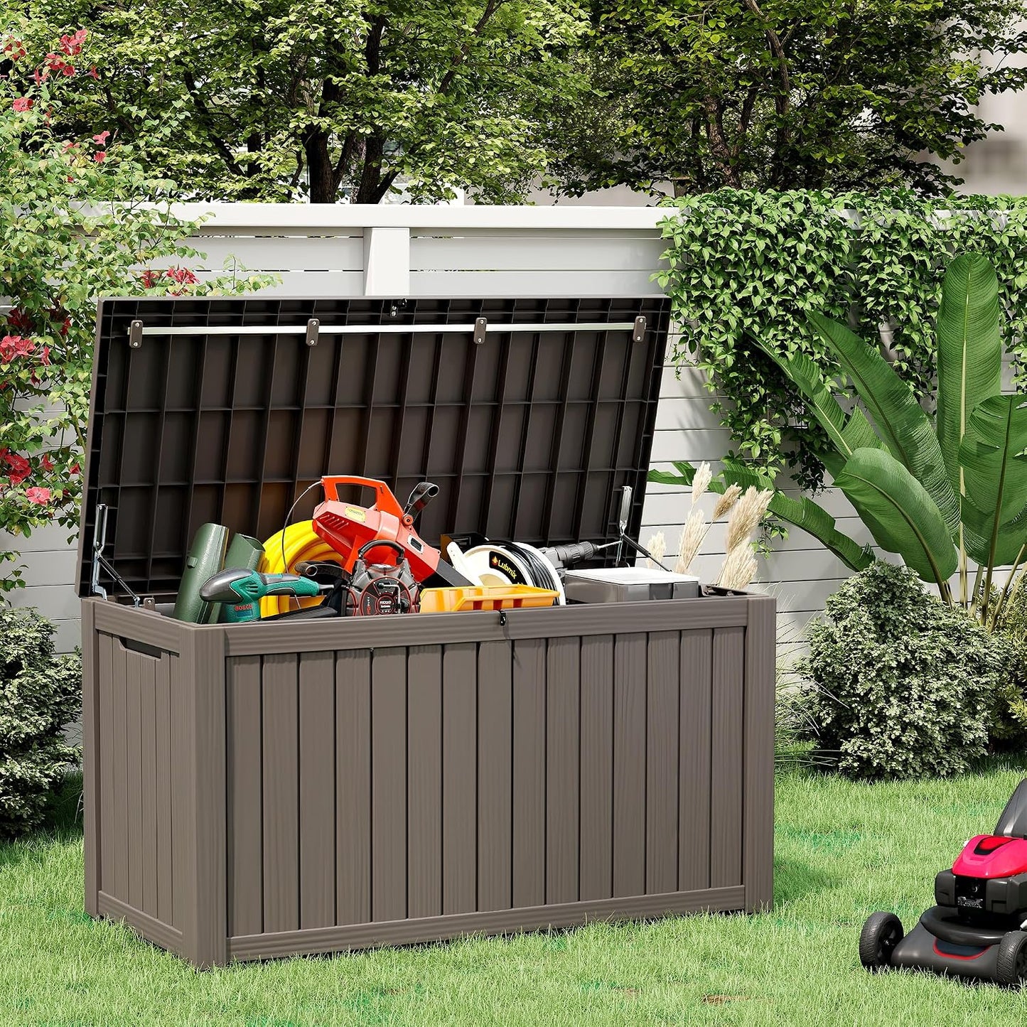 NUNU LAB Outdoor Storage Box, 45 Gallon Outside Deck Box Waterproof, Resin Outdoor Storage Cabinet With Lockable Lid, Backyard Storage Bench For Garden Tools, Patio Cushions, Pool Tools, Black