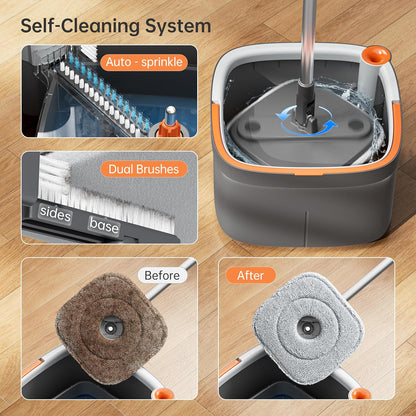 Spin Mop and Bucket Set with 2 Replaceable Microfiber Mop Pads with Self Separation Dirty and Clean Water System, Self Wringing 360° Rotating Square Mop Head for Hardwood Tile Marble Floors