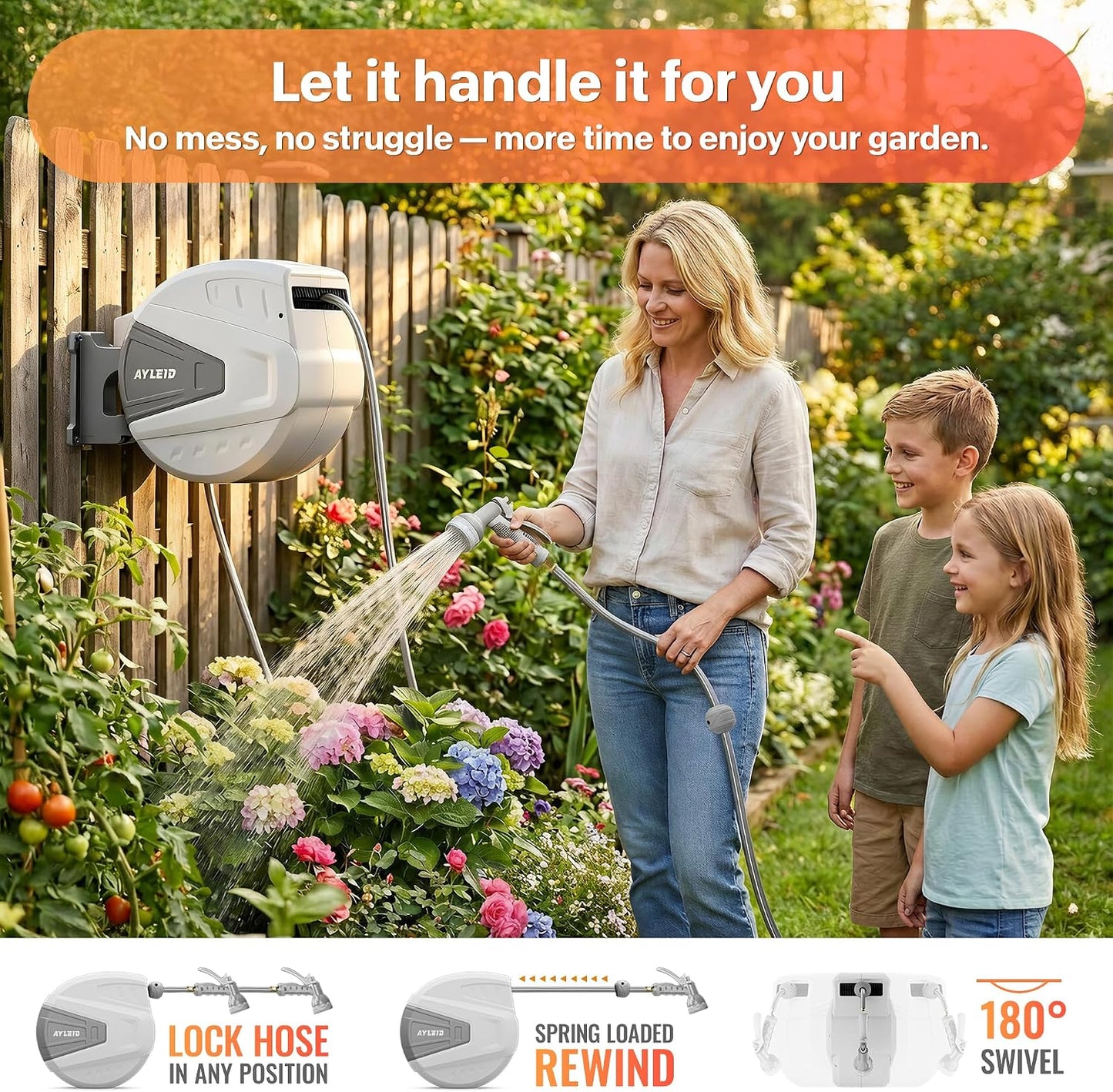 Ayleid Retractable Rubber Hybrid Garden Hose Reel, 1/2"x100ft Wall Mount | Anti-freeze, kink-free premium rubber hybrid hose, 24-month warranty, 9-pattern sprayer, any-length lock, slow auto-return.