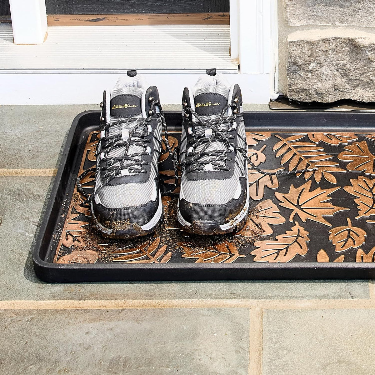 Eddie Bauer Rubber Boot Tray – Lake Waves Design, 16"x32", Black – Waterproof Entryway Boot Mat