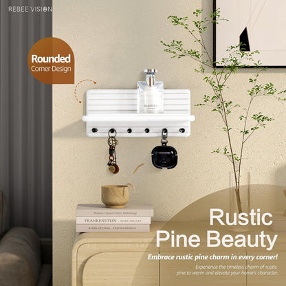 Rebee Vision Farmhouse Key Holder Wall Mount for Home Decor – Decorative Pine Wooden Key Holder for Wall with 6 Hooks & Floating Shelf - Rustic Charm for Room Decor Aesthetic (Brown)