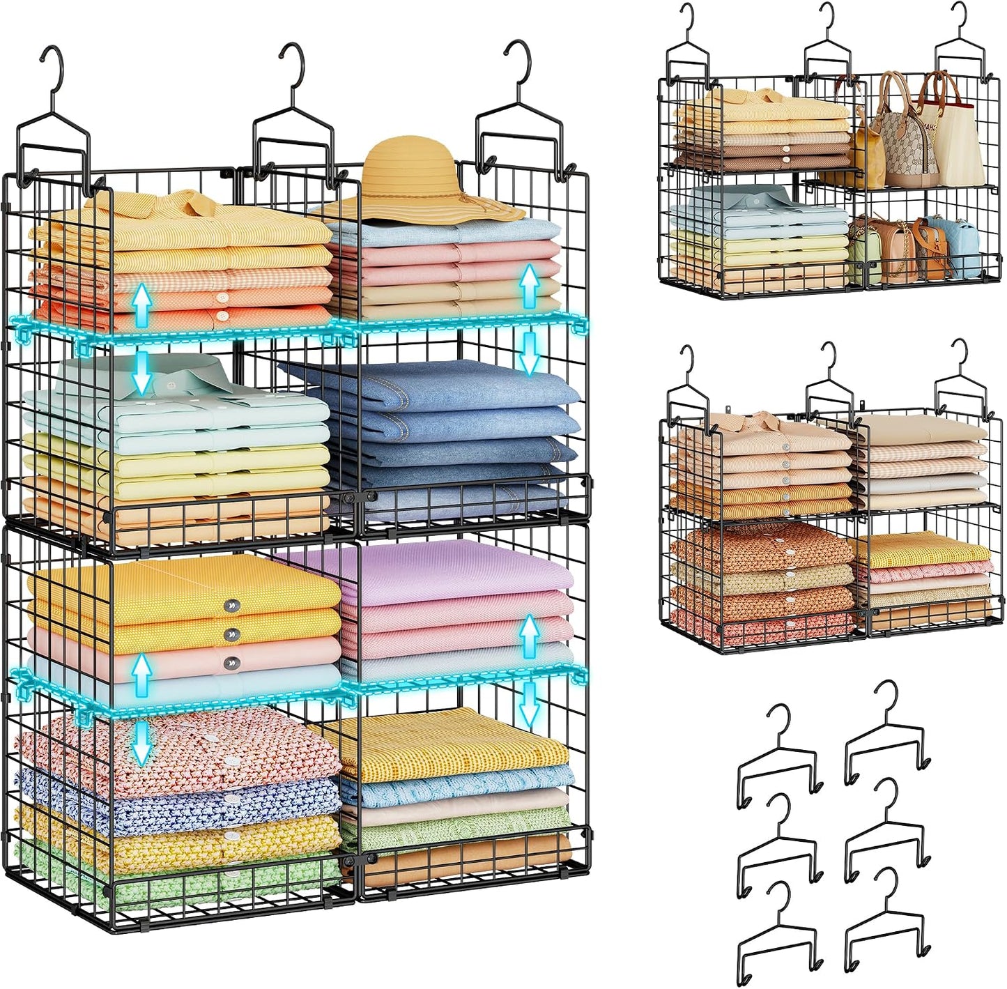 Hanging Closet Organizer with DIY Spacing, Double-Row Closet Hanging Shelves with 4 Adjustable Dividers & 6 Hooks, Heavy Duty Metal Closet Storage Organizer with Front Guard, Split into 2 Units