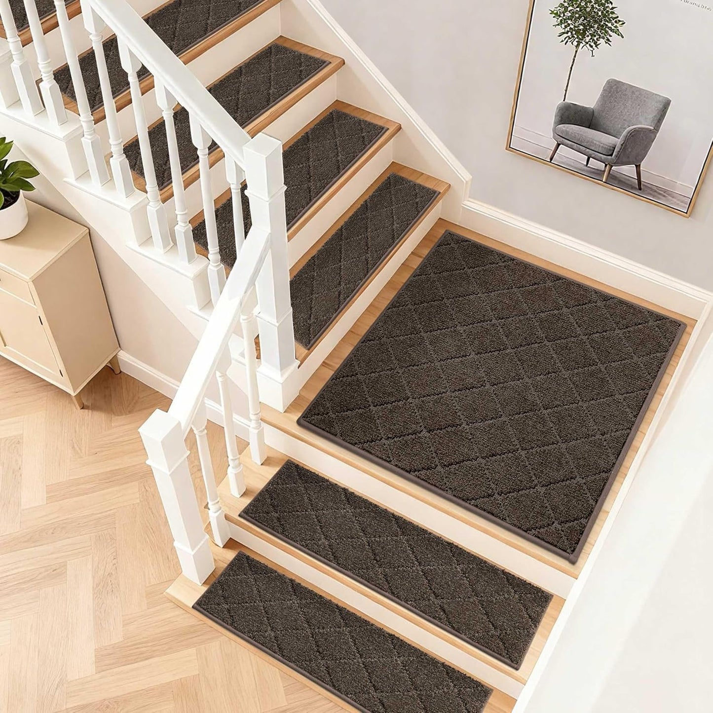 COSY HOMEER Edging Stair Treads Non-Slip Carpet Mat 28inX9in Indoor Stair Runners for Wooden Steps, Edging Stair Rugs for Kids and Dogs, 100% Polyester TPE Backing(4pc, Beige)
