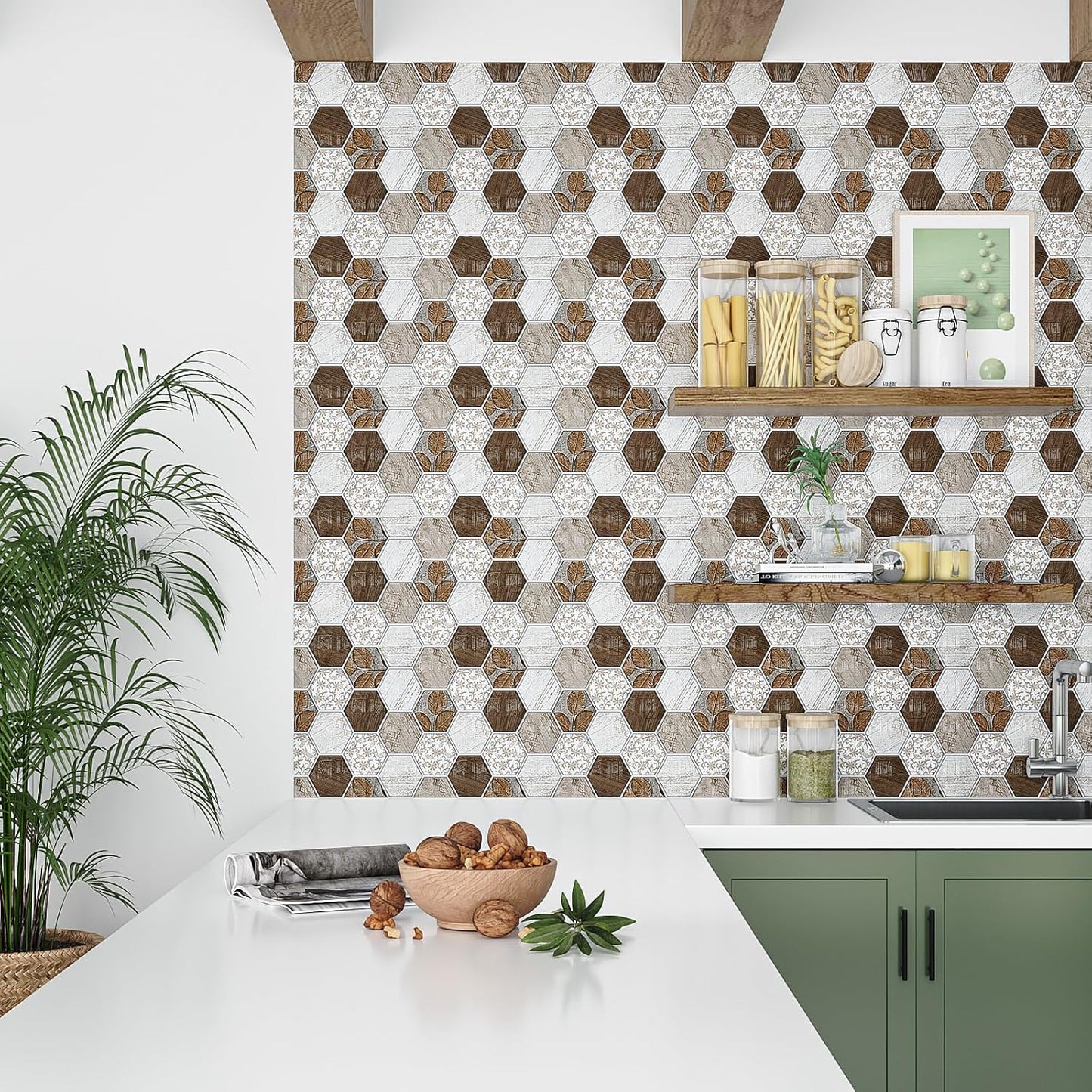 VEELIKE Boho Hexagon Peel and Stick Backsplash Tile Decals 6-Sheets Adhesive Waterproof Stick on Backsplash for Kitchen Bathroom 12''x12'' Temporary Wall Tile Stickers for Renters Laundry Fireplace