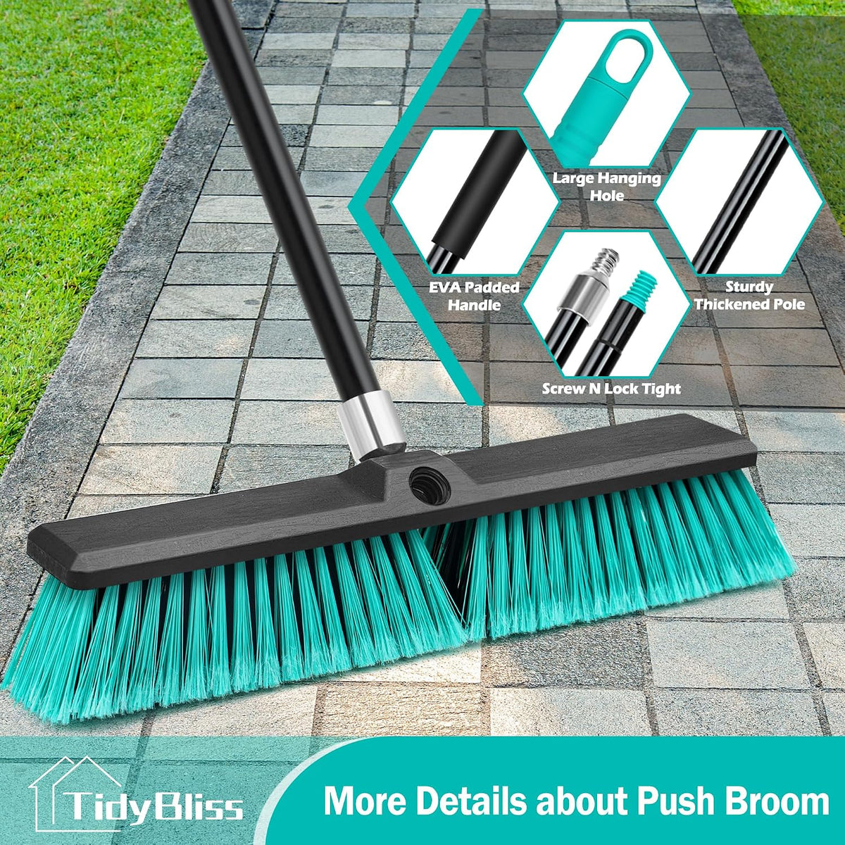 TidyBliss 24” Push Broom Outdoor Heavy Duty, Large Commercial Stiff Bristle Brush with 63 inches Long Handle for Garage Shop Garden Yard Patio Deck Street Warehouse Lawn Driveway (Yellow-Green)