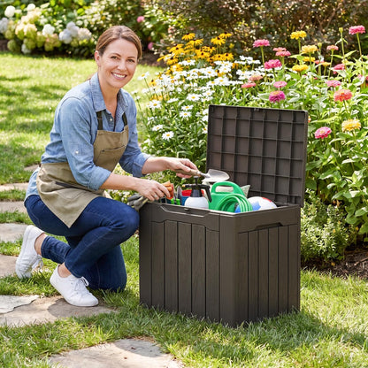 Flamaker Resin Deck Box 120 Gallon Waterproof Large Outdoor Indoor Storage Box Imitation Wood Resin for Patio Furniture Garden Tools and Pool (Black)