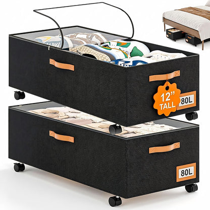 Under Bed Storage with Wheels 39inch, Extra Long Under Bed Storage Bins, Low Profile Under Bed Storage 5.5inch Height No Assemble Storage Containers, Under Bed Shoe Storage with Lids