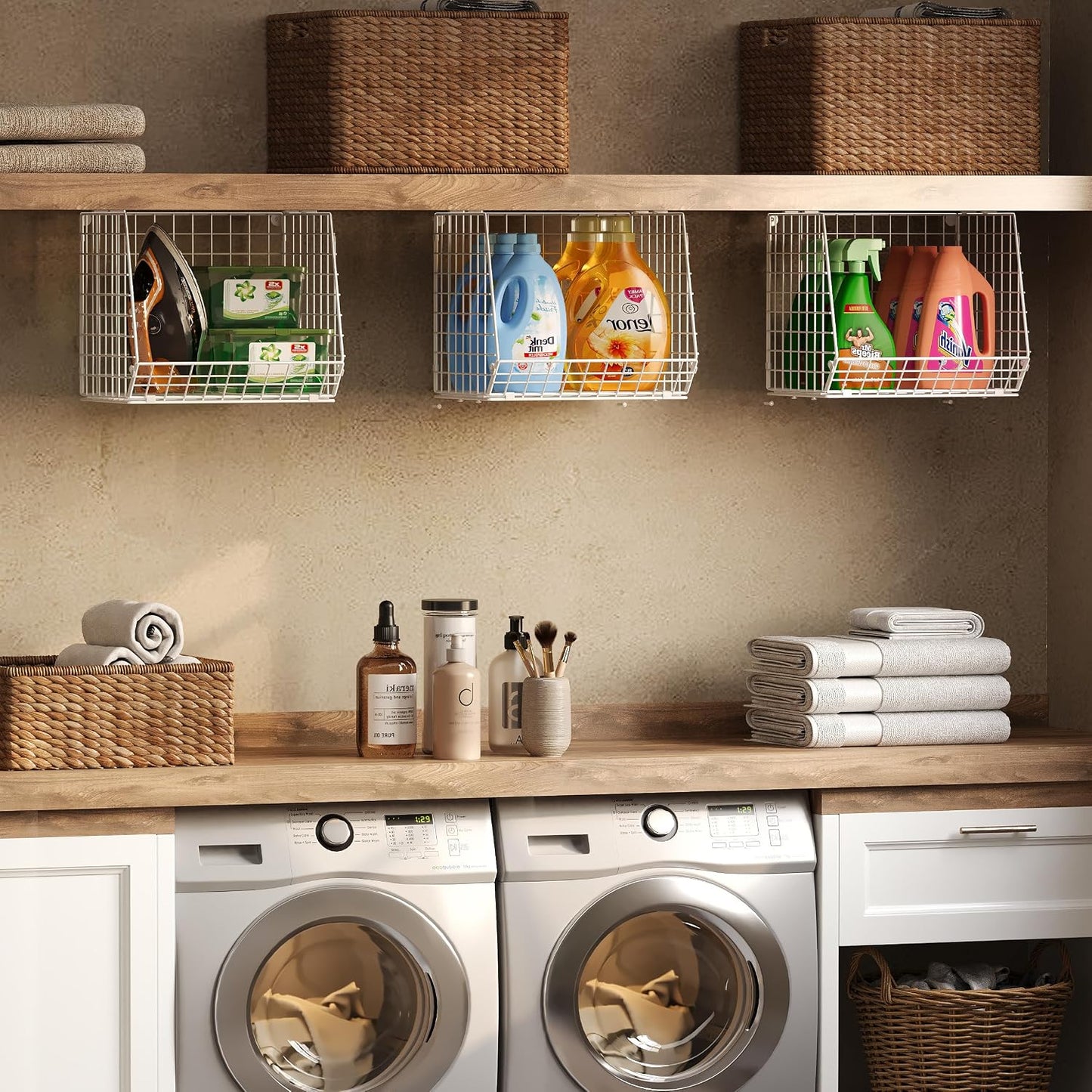 4-Tier Hanging Laundry Room Organizer: Foldable Wire Shelf Basket with 2 Large Hooks 1.65" & 360°Rotating Hooks – Space-Saving Laundry Storage Basket, for Wardrobe Closet Storage, White Patent