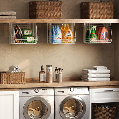 4-Tier Hanging Laundry Room Organizer: Foldable Wire Shelf Basket with 2 Large Hooks 1.65" & 360°Rotating Hooks – Space-Saving Laundry Storage Basket, for Wardrobe Closet Storage, White Patent