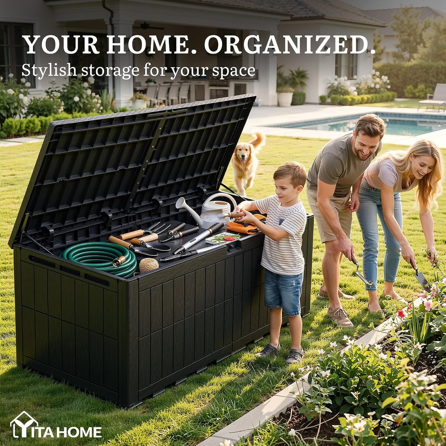 YITAHOME 134 Gallon Large Deck Box | Waterproof Resin Outdoor Storage Box with Lock, Doubles as 2-Person Bench Seating for Patio Furniture Cushions,Garden Tools &