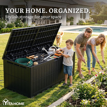 YITAHOME 134 Gallon Large Deck Box | Waterproof Resin Outdoor Storage Box with Lock, Doubles as 2-Person Bench Seating for Patio Furniture Cushions,Garden Tools &