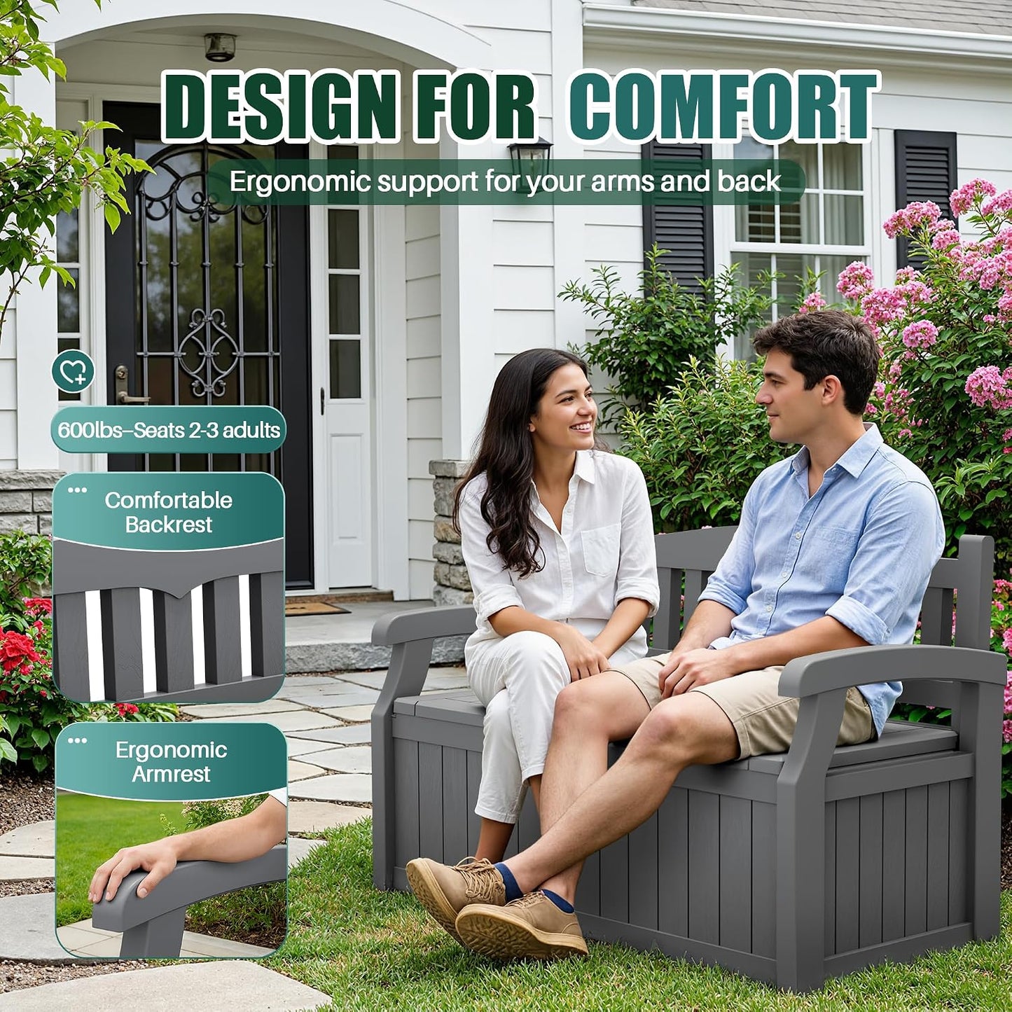 Devoko 80 Gallon Storage Bench Deck Box Lockable for Patio Furniture, Garden Decor and Outdoor Seating for Cushions, Garden Tools and Pool Supplies (Black)