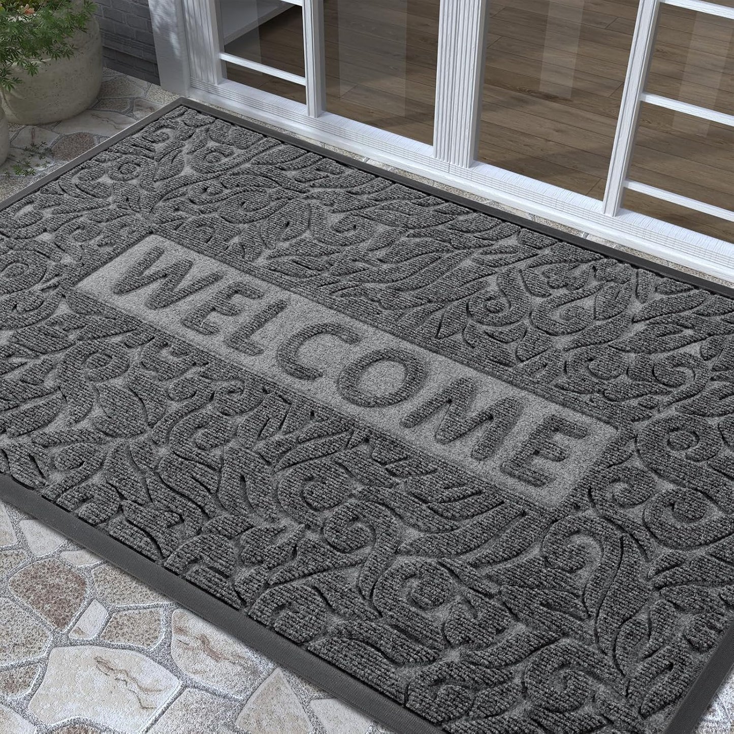 Yimobra Welcome Mat Outdoor 29.5x17, Waterproof Non-Slip Outdoor Mats for Front Door Outside Entrance, Low-Profile Entryway Mat Indoor for Garage Patio, Black