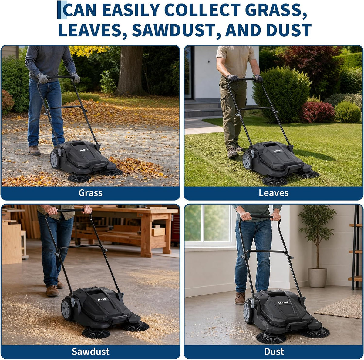 Walk-Behind Outdoor Hand Push Floor Sweeper, 25.6 Inch Wide Manual Non-Electric Sweeper with 5.25 Gallon Waste Bin, Adjustable Folding Handle Heavy Duty Yard Sweeper for Garage Patio Walkway Driveway