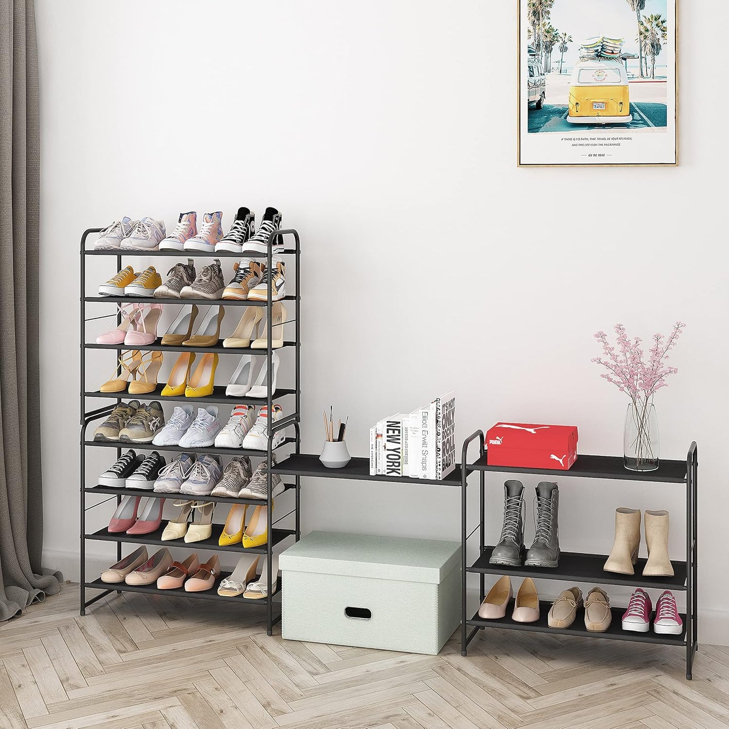 Simple Trending 3-Tier Stackable Shoe Rack, Expandable & Adjustable Shoe Shelf Storage Organizer, Wire Grid, Black