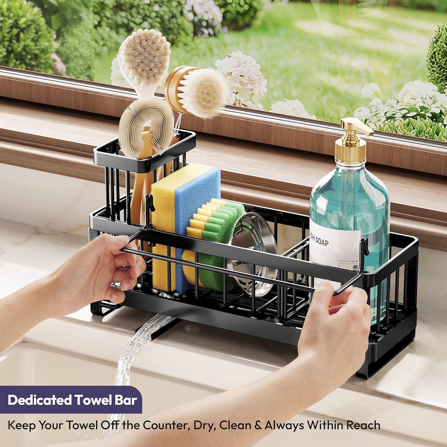SWTYMIKI Sink Caddy Sponge Holder - Large Sponge Holder for Kitchen Sink with 360°Auto-Drain Tray, Rustproof Stainless Steel Kitchen Organizer Caddy for Countertop Organization
