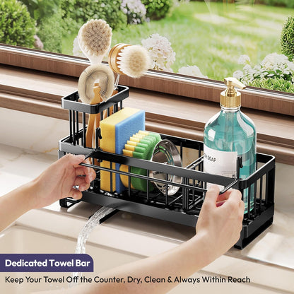 SWTYMIKI Sink Caddy Sponge Holder - Large Sponge Holder for Kitchen Sink with 360°Auto-Drain Tray, Rustproof Stainless Steel Kitchen Organizer Caddy for Countertop Organization