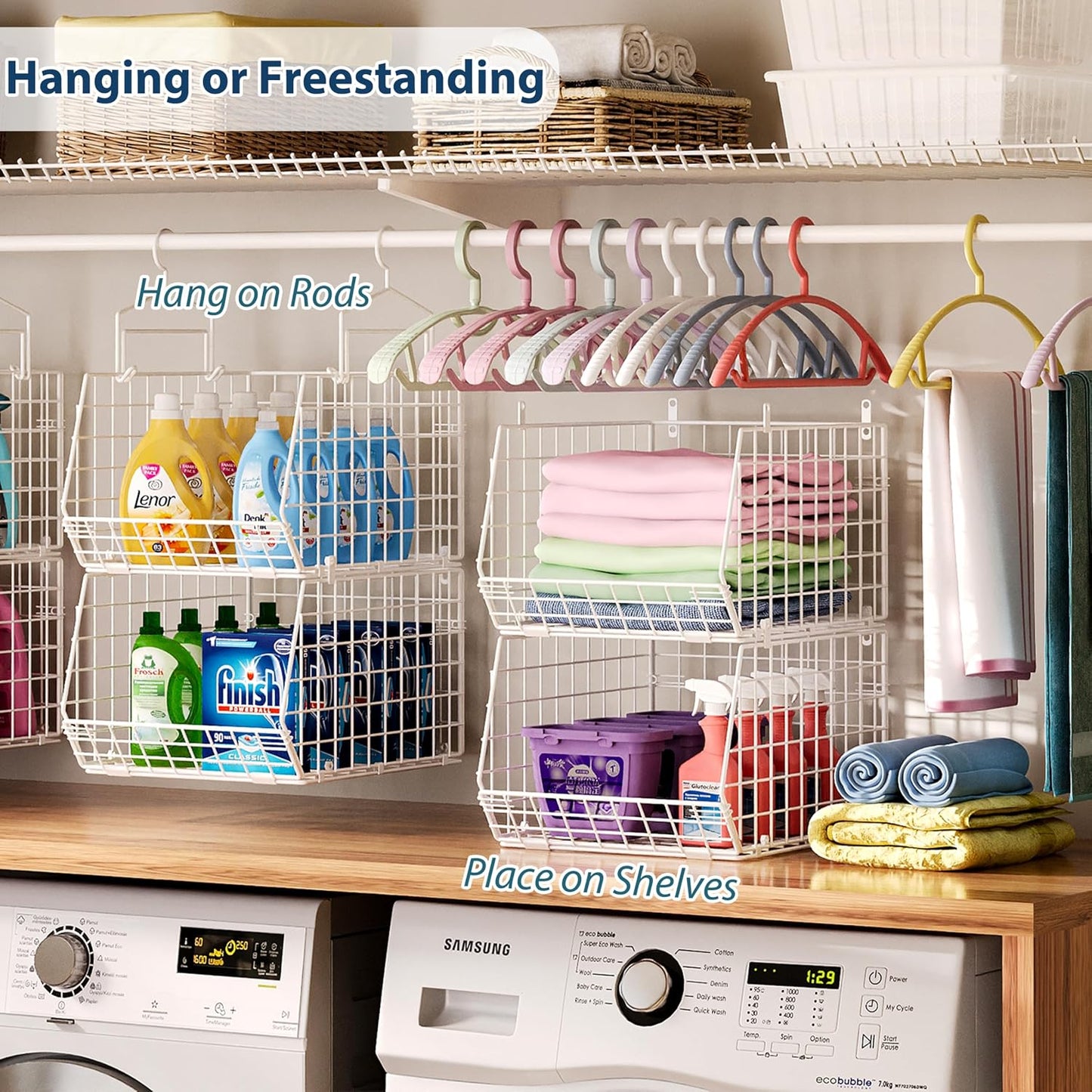 8-Tier Extended Depth Hanging Closet Organizers and Storage for Closet System, Stackable Closet Shelves with 4 Adjustable Dividers for Clothes Sweaters Purses, Wire Hanging Basket Fits Closet Laundry