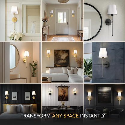 PRIDOLA Set of 2 Wireless Wall Sconces – Stick-On or Screw Mount - Rechargeable LED Bulbs, Remote Controlled, Adjustable Brightness & Warmth, Easy Installation, Living Room Wall Decor (Gold)