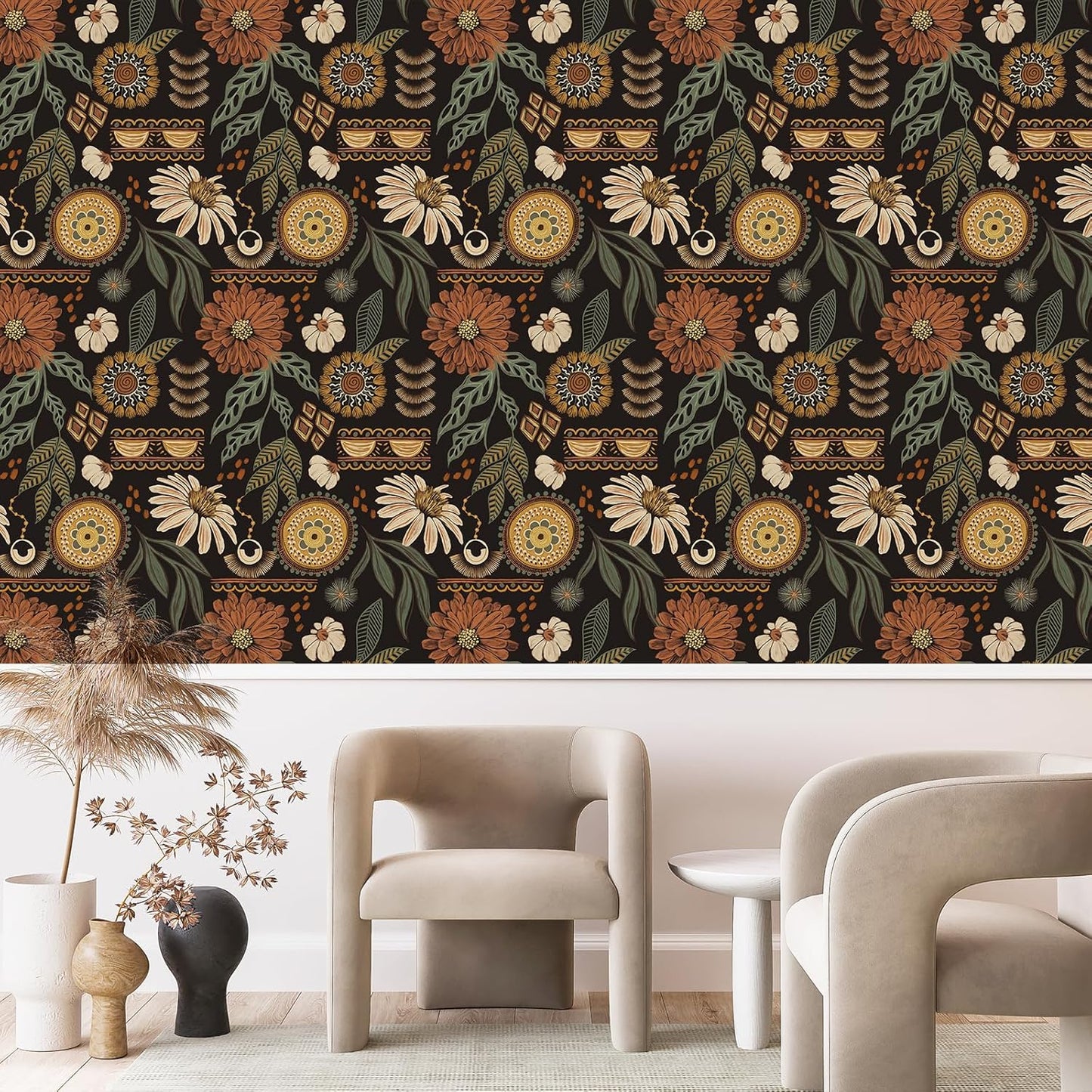 Simon&Siff Boho Peel and Stick Wallpaper, 17.3" x 80" Sun Floral Retro Contact Paper Removable Self Adhesive Wall Paper for Cabinets Furniture Bedroom Nursery Bathroom Renter Friendly DIY Decor