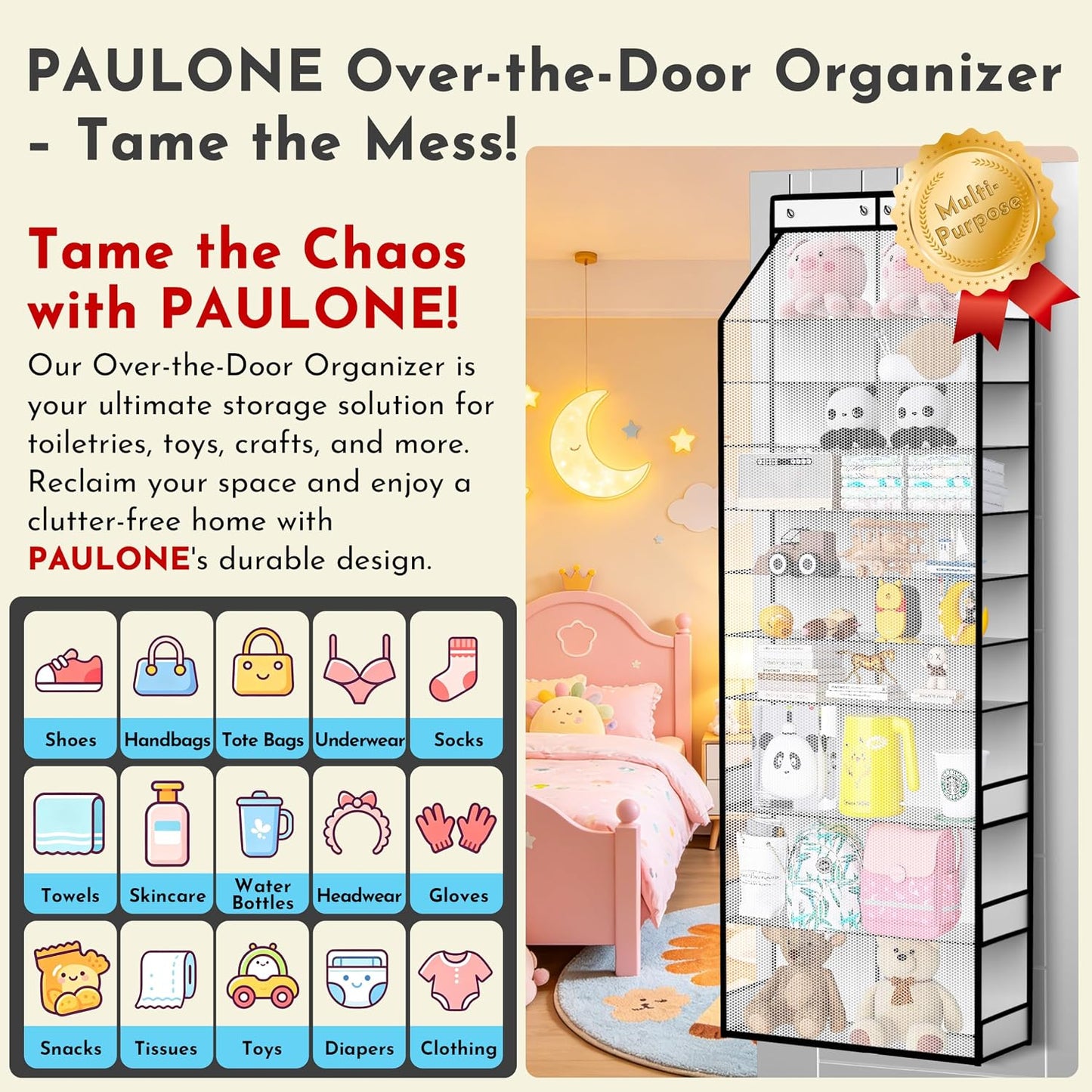 PAULONE 10-Pocket Multi-Use Over the Door Organizer, Heavy Duty 95lbs Capacity with Breathable Mesh, Versatile Hanging Storage for Shoes, Toys, Office Supplies-Classic (Black, 10-Shelf,)
