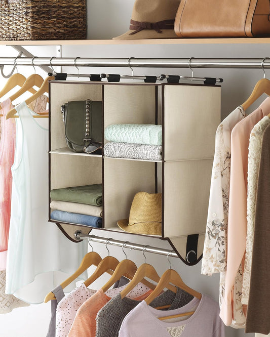 Whitmor 4 Section Fabric Closet Organizer Shelving with Built In Chrome Garment Rod