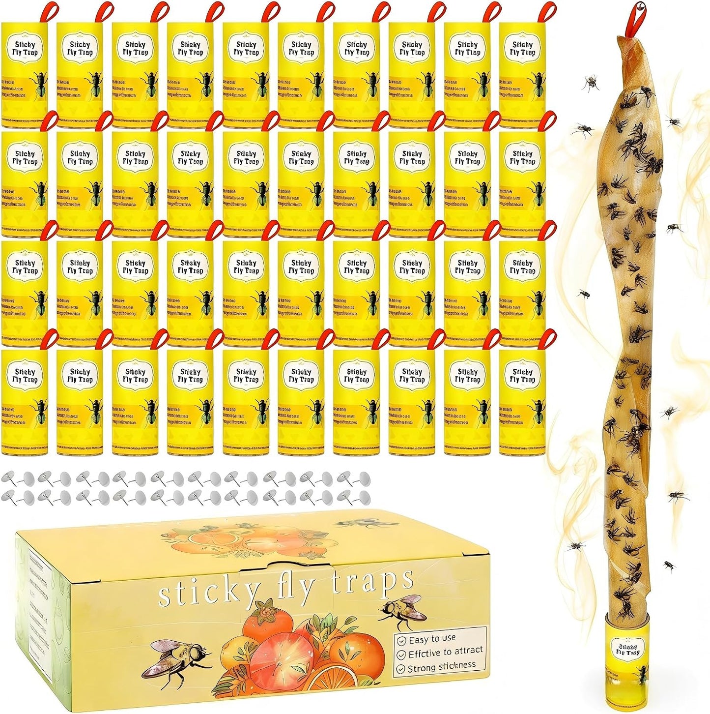 40 Pack Fly Strips Sticky Hanging Fly Trap Indoor Outdoor with Pins | Fly Paper Tape Fruit Fly Gnat Fungus Bug Catcher for Winged Insect & Mosquito for Orchard Farm Home Kitchen