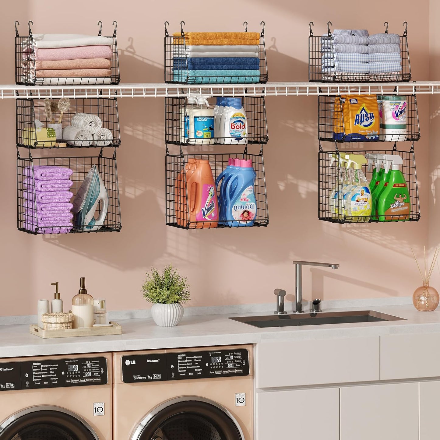 4-Tier Hanging Laundry Room Organizer: Foldable Wire Shelf Basket with 2 Large Hooks 1.65" & 360°Rotating Hooks – Space-Saving Laundry Storage Basket, for Wardrobe Closet Storage, White Patent