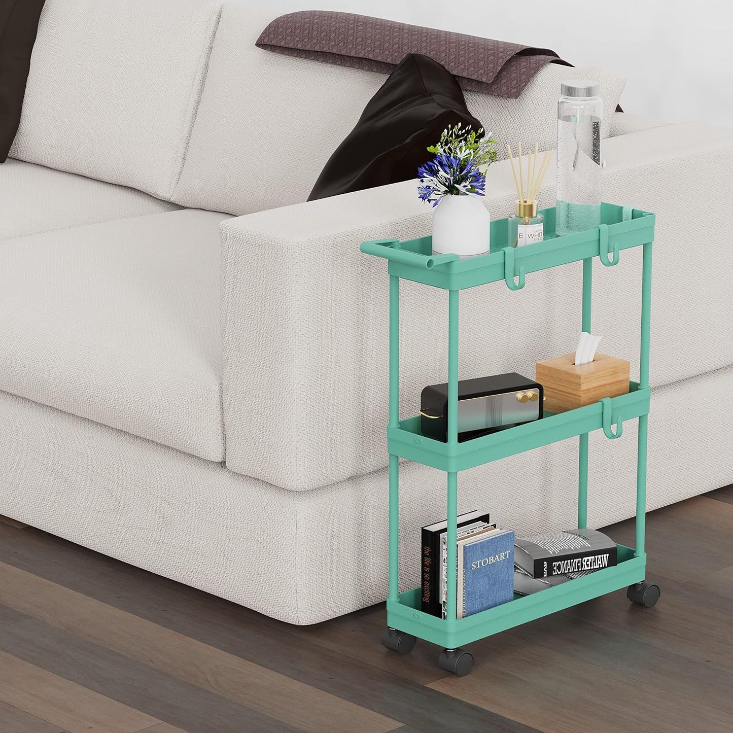 Simple Houseware 3-Tier Slim Rolling Cart w/Handle 5.5" Wx27.5 H, Turquoise | Storage Cart for Narrow Space (5.5-Inch Wide) Kitchen, Bathroom, Laundry Room