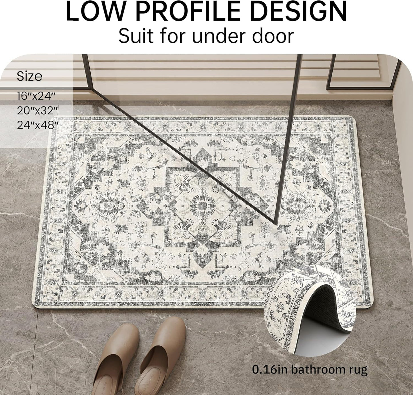 Mecko Bath Mat Rug, Rubber Non-Slip Quick Dry Absorbent Thin Bathroom Rugs Fit Under Door Bathroom Floor Mats-Shower Rug for in Front of Bathtub, Sink, Shower Room(Light Grey,16"x24")