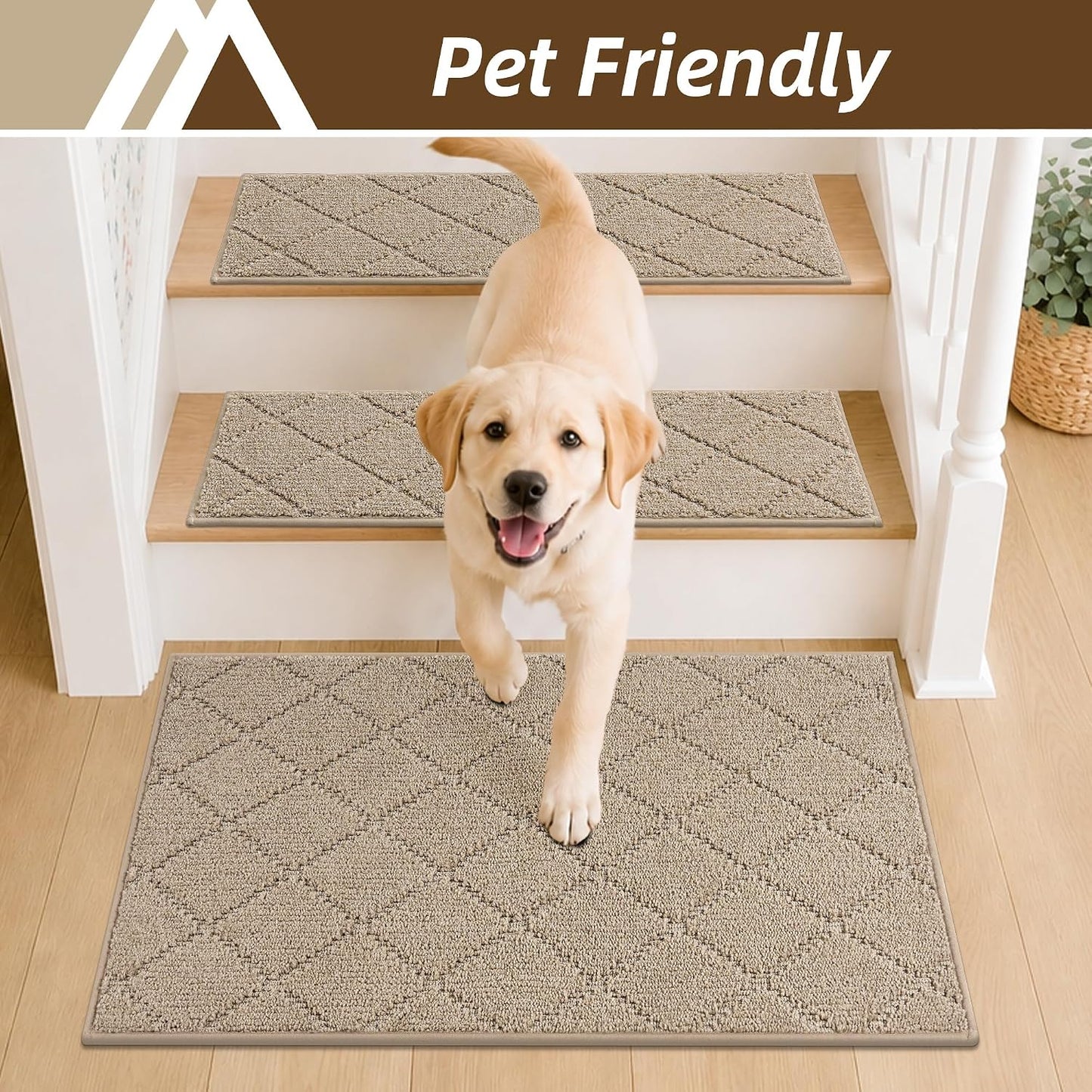 COSY HOMEER Edging Stair Treads Non-Slip Carpet Mat 28inX9in Indoor Stair Runners for Wooden Steps, Edging Stair Rugs for Kids and Dogs, 100% Polyester TPE Backing(4pc, Beige)