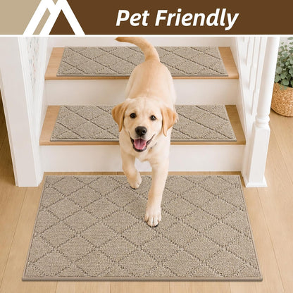COSY HOMEER Edging Stair Treads Non-Slip Carpet Mat 28inX9in Indoor Stair Runners for Wooden Steps, Edging Stair Rugs for Kids and Dogs, 100% Polyester TPE Backing(4pc, Beige)