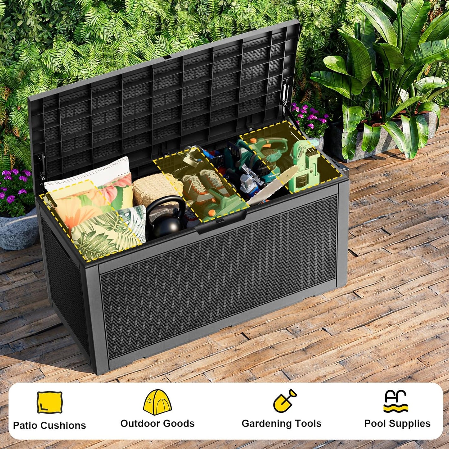 125Gal Outdoor Storage Box, Lockable Deck Box with Hydraulic Lid | Waterproof UV-resistant, Durable outdoor bin for patio cushions, pool accessories & garden tools. Keeps contents secure & dry
