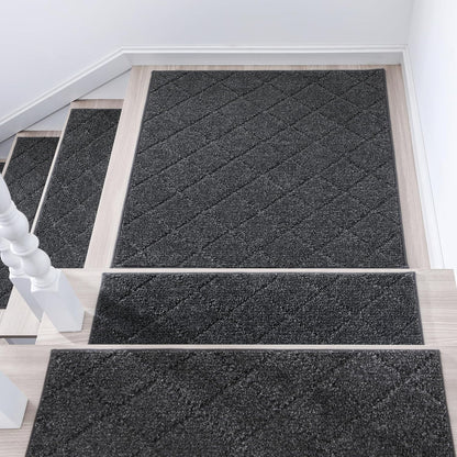 COSY HOMEER Edging Stair Treads Non-Slip Carpet Mat 28inX9in Indoor Stair Runners for Wooden Steps, Edging Stair Rugs for Kids and Dogs, 100% Polyester TPE Backing(4pc, Beige)