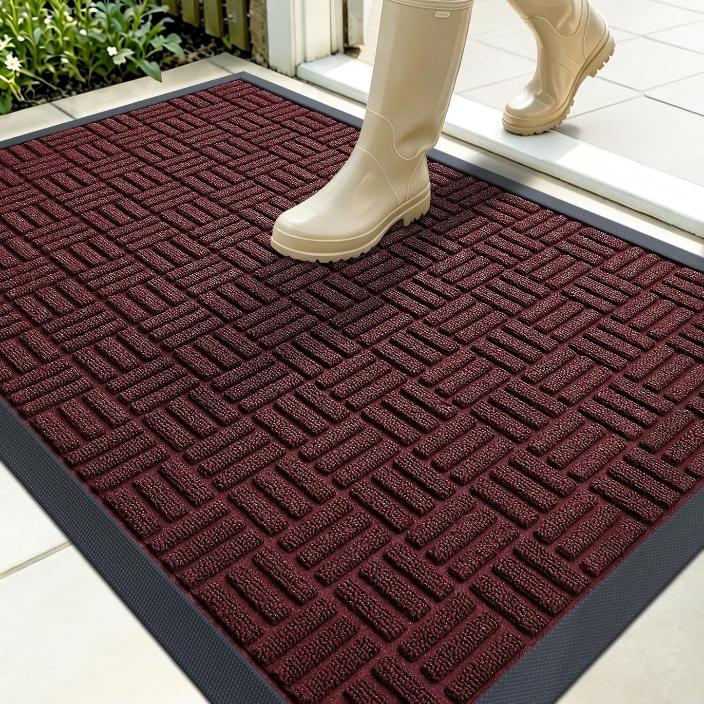 OLANLY Front Door Mat Outside Entrance 29.5x17, Absorbent, Heavy Duty Sturdy Natural Rubber Doormat Indoor Outdoor, Stain and Fade Resistant, Non-Slip Backing Low Profile Floor Mat for Entryway, Grey