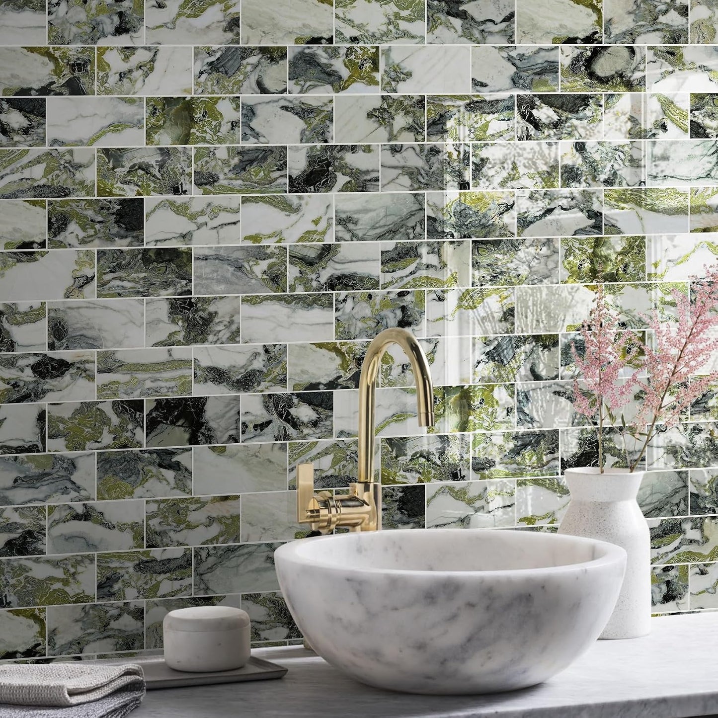 Vamos Tile 100-Piece Glossy Dolomite White Peel and Stick Backsplash Tile,3''x6'' PVC Subway Tile with White Grout, Stick on Backsplash for Kitchen/Bathroom/Fireplace