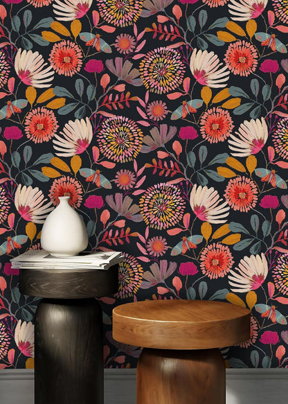 Wallpaper Peel and Stick Floral Wall Paper Removable Waterproof Navy/Pink/Orange Contact Paper for Bedroom, Bathroom,Bathroom, Home Wall 17.3" x 118"