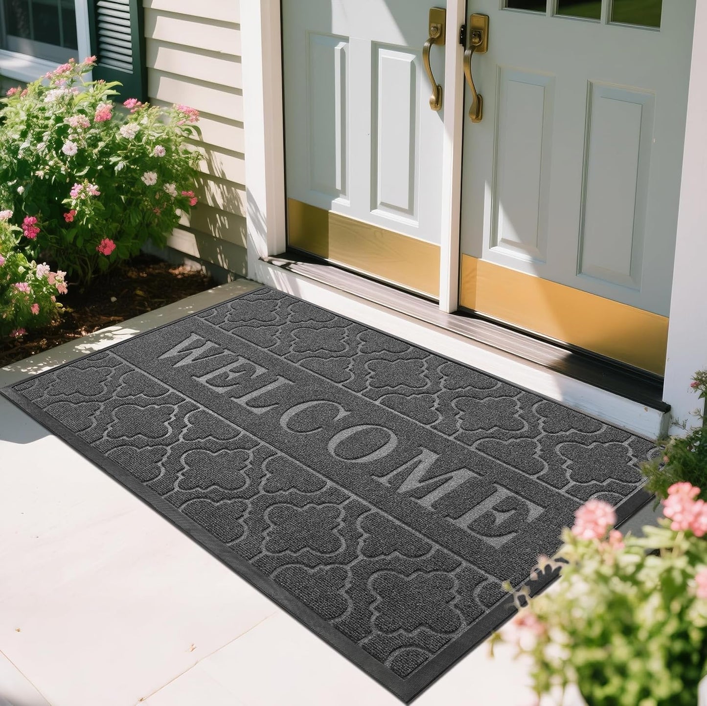 Yimobra Welcome Mat Outdoor Indoor, All-Weather Waterproof Front Door Mat Outside Entrance, Non-Slip Low Profile Porch Patio Doormat, 29.5x17, Black