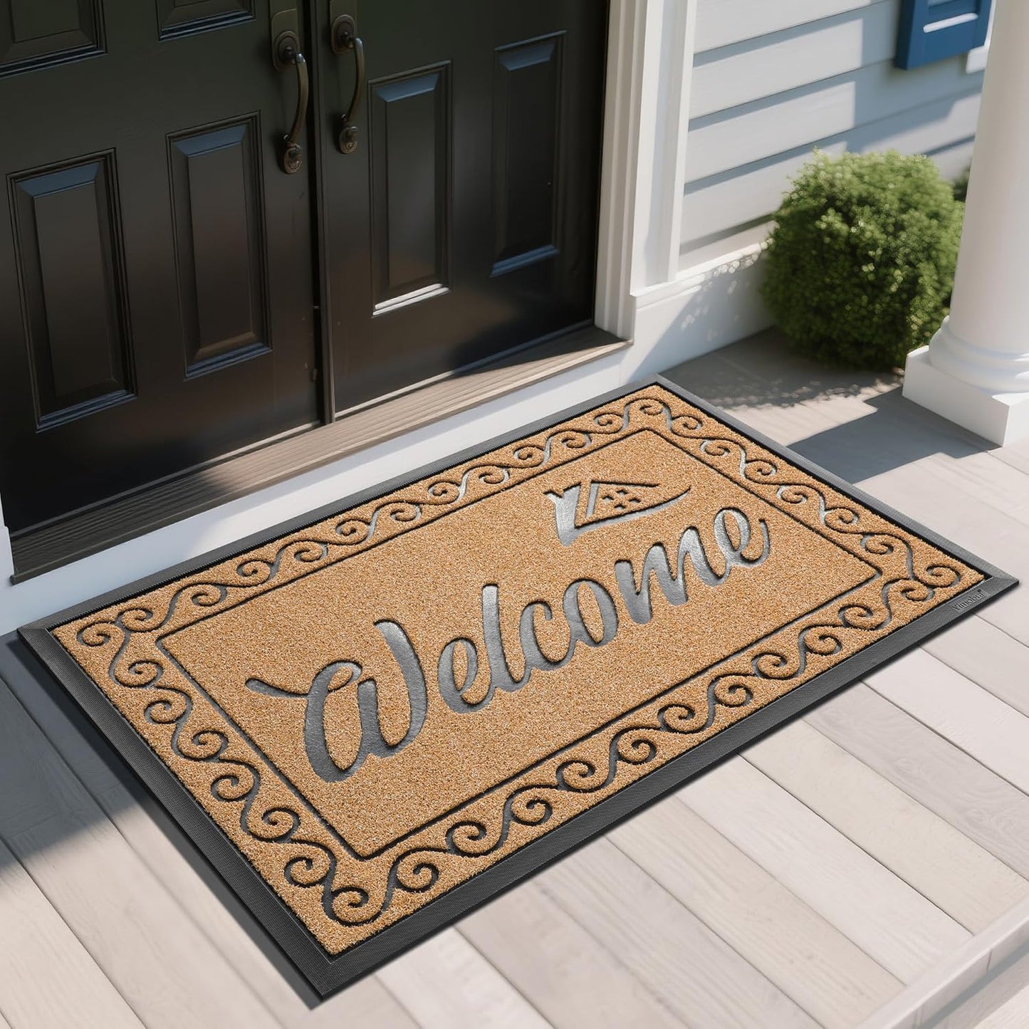 Yimobra Welcome Mat, Heavy Duty Sturdy Door Mats for Home Entrance Outdoor Indoor, Front Doormat for Outside Patio Floor Entry Porch Garage Office, Waterproof, Low Profile, 29.5x17, Black Grey