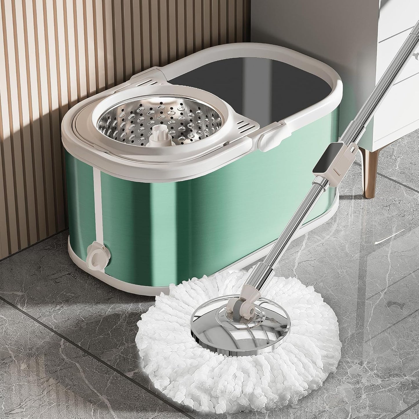 Spin Mop and Bucket with Wringer Set for Home,360° Mop and Bucket with Separate Clean and Dirty Water,Wet Dust Mop for Floor Cleaning with Extra Refills (Silver with 6 Pads)