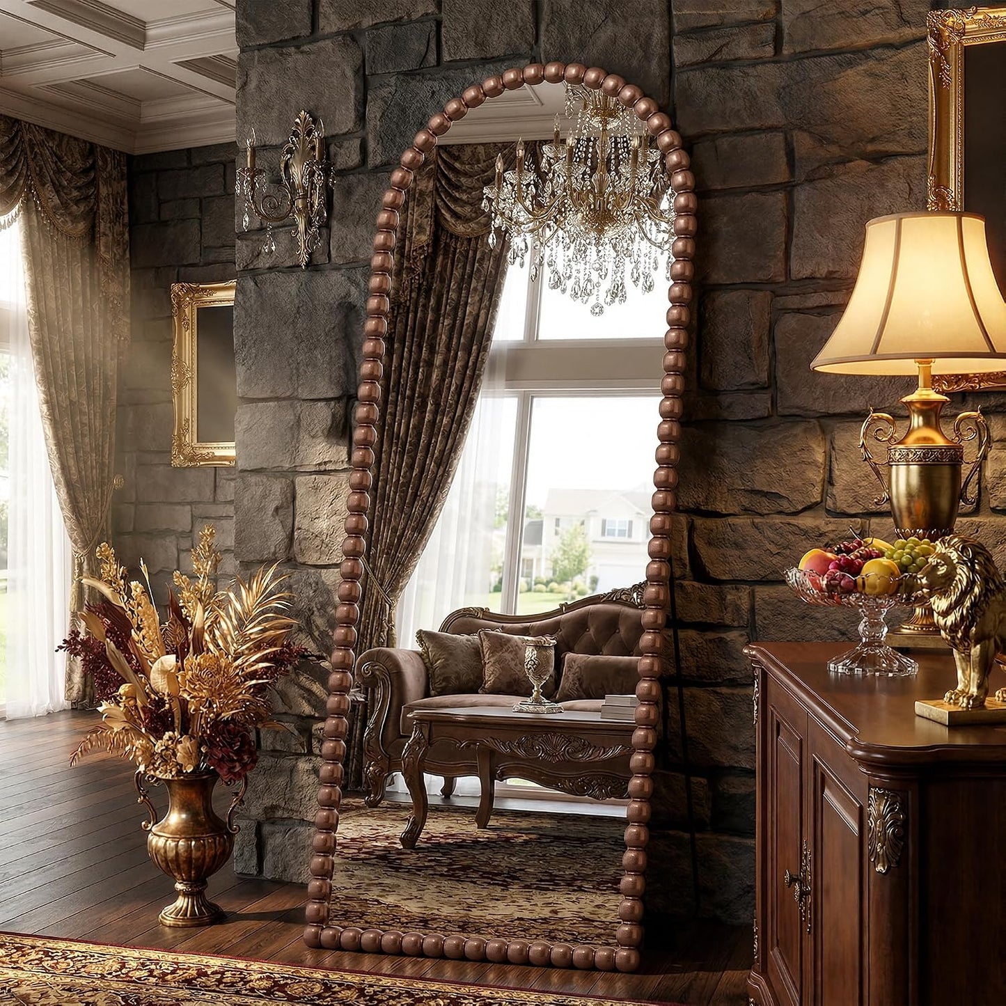 Antok 58" x 21" Arched Full Length Mirror, Antique Beaded Frame Floor Standing or Wall Mounted Mirror with Stand for Bedroom, Entryway, Brown, Luxury Style