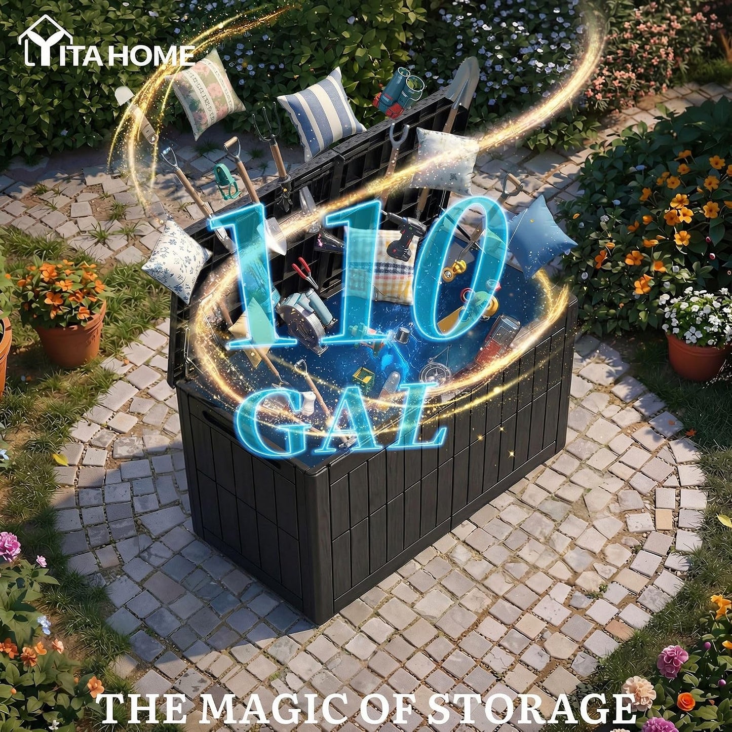 YITAHOME 134 Gallon Large Deck Box | Waterproof Resin Outdoor Storage Box with Lock, Doubles as 2-Person Bench Seating for Patio Furniture Cushions,Garden Tools &