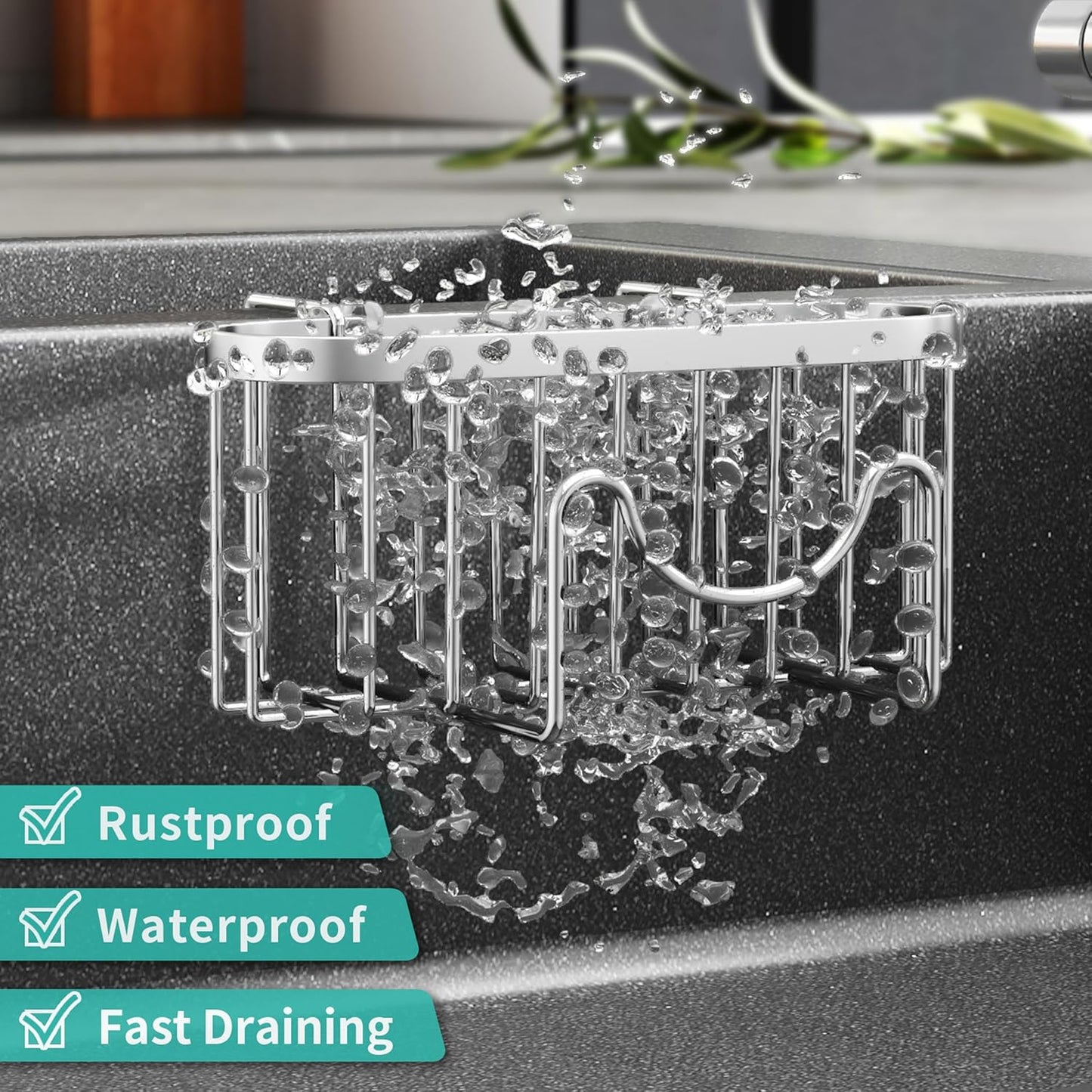 HapiRm Multifunctional Sponge Holder with Unique M-Shaped, 2 Installation Methods Kitchen Sink Caddy Organizer, Rustproof Stainless Steel Kitchen Organizers and Storage Essentials - Black