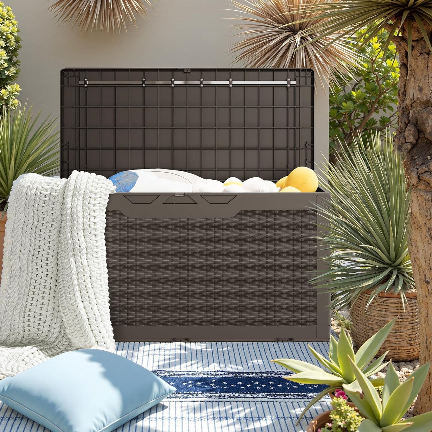 JUMMICO 31 Gallon Resin Deck Box Waterproof Indoor Outdoor Storage Boxes for Patio Furniture Cushions and Garden Tools (Brown)